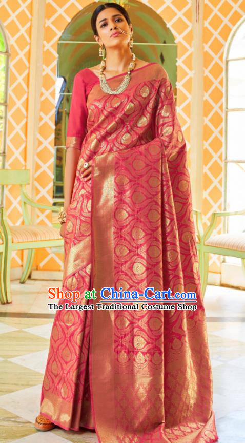 Asian Traditional Indian Court Queen Pink Silk Sari Dress India National Festival Bollywood Costumes for Women