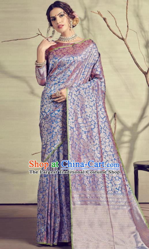 Traditional Indian Patrician Light Blue Silk Sari Dress Asian India National Festival Bollywood Costumes for Women