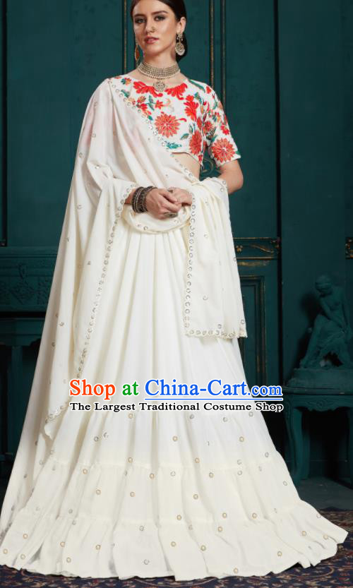 Indian Traditional Lehenga Embroidered White Dress Asian India National Festival Costumes for Women