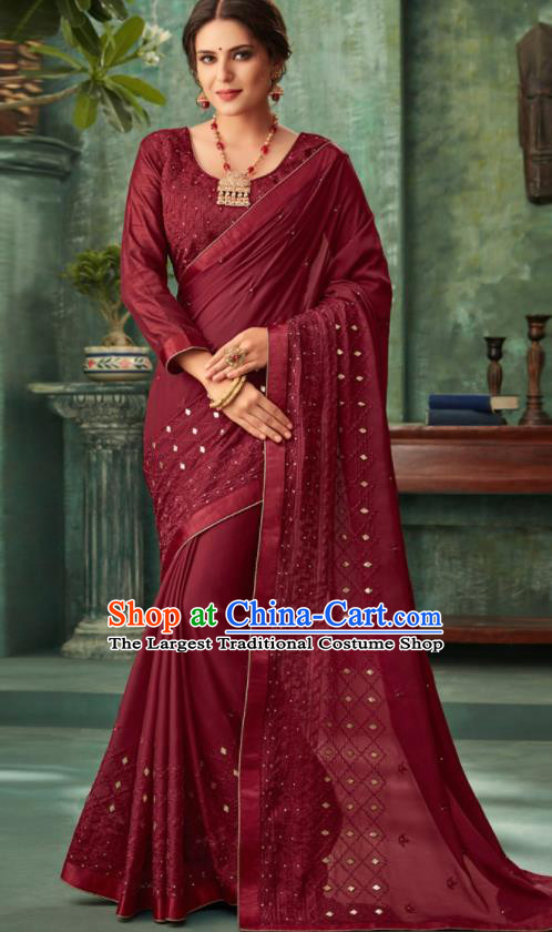 Indian Traditional Wedding Embroidered Wine Red Sari Dress Asian India National Festival Costumes for Women