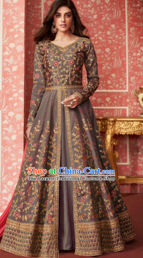Indian Traditional Court Bollywood Embroidered Grey Silk Anarkaili Dress Asian India National Festival Costumes for Women