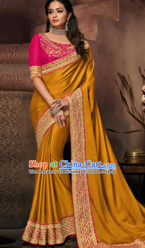 Indian Traditional Court Bollywood Golden Satin Sari Dress Asian India National Festival Costumes for Women