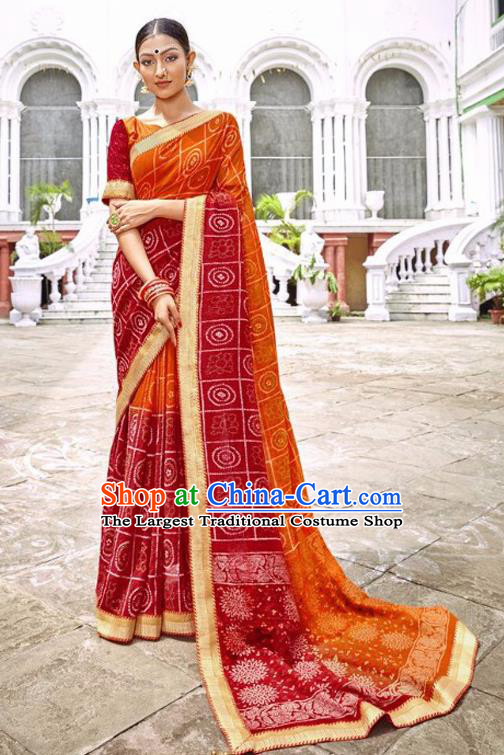 Indian Traditional Court Printing Orange Georgette Sari Dress Asian India National Festival Costumes for Women