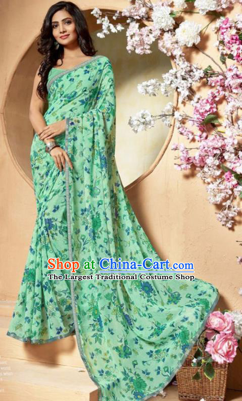 Indian Traditional Court Printing Light Green Chiffon Sari Dress Asian India National Festival Costumes for Women