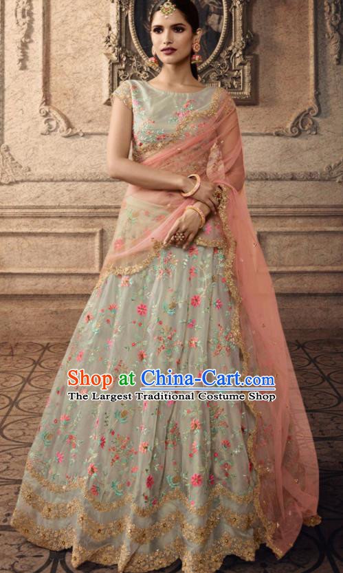Traditional Indian Lehenga Embroidered Light Grey Dress Asian India National Festival Costumes for Women