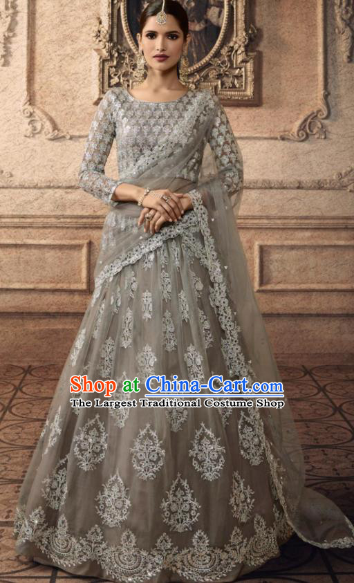 Traditional Indian Lehenga Embroidered Grey Dress Asian India National Festival Costumes for Women