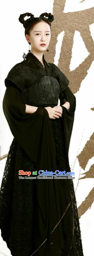 Chinese Drama Ancient Female Swordsman Black Dress Love and Destiny Hua Yan Replica Costumes and Headpiece for Women