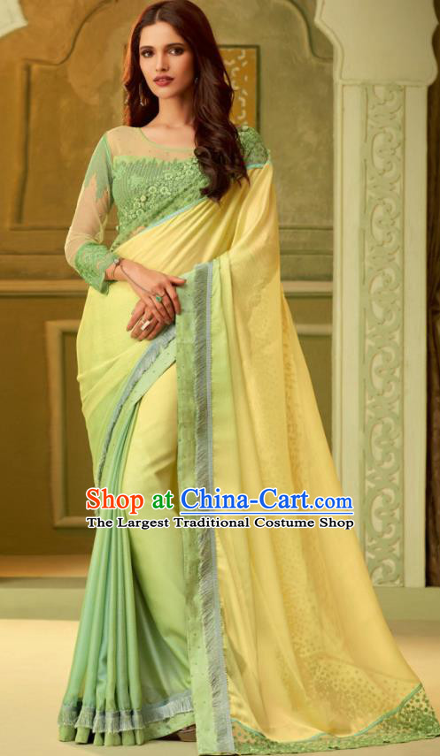 Indian Traditional Sari Bollywood Court Gradient Yellow Dress Asian India National Festival Costumes for Women