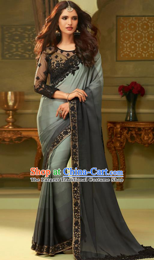 Indian Traditional Sari Bollywood Court Grey Dress Asian India National Festival Costumes for Women