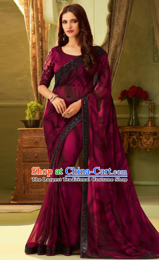 Indian Traditional Sari Bollywood Purple Silk Dress Asian India National Festival Costumes for Women