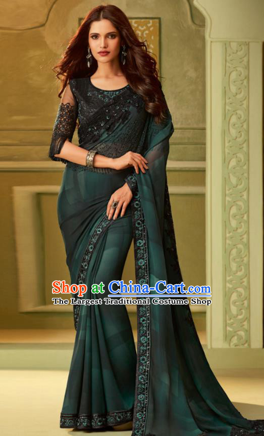 Indian Traditional Sari Bollywood Atrovirens Silk Dress Asian India National Festival Costumes for Women