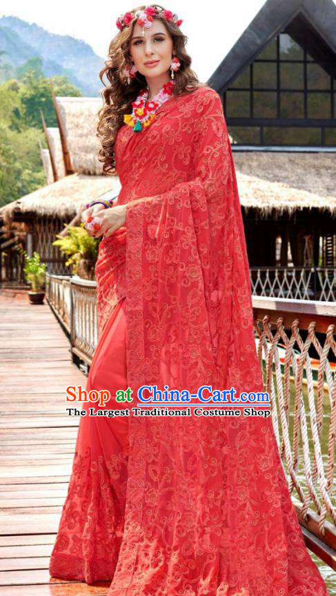 Indian Traditional Bollywood Court Embroidered Red Georgette Sari Dress Asian India National Festival Costumes for Women