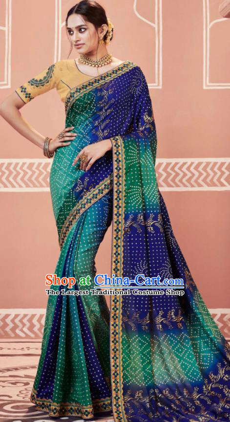 Indian Traditional Sari Bollywood Printing Blue Dress Asian India National Festival Costumes for Women