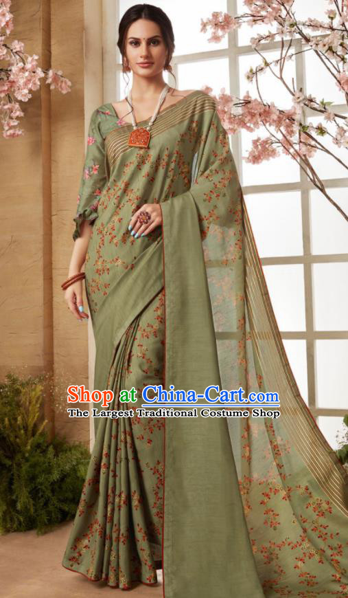 Indian Traditional Bollywood Sari Olive Green Dress Asian India National Festival Costumes for Women