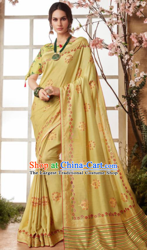 Indian Traditional Bollywood Sari Yellow Dress Asian India National Festival Costumes for Women