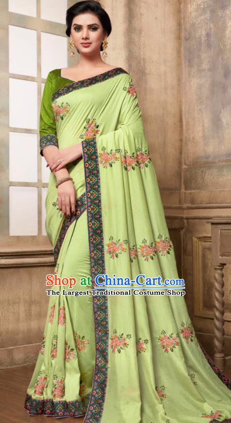 Indian Traditional Bollywood Embroidered Light Green Silk Sari Dress Asian India National Festival Costumes for Women