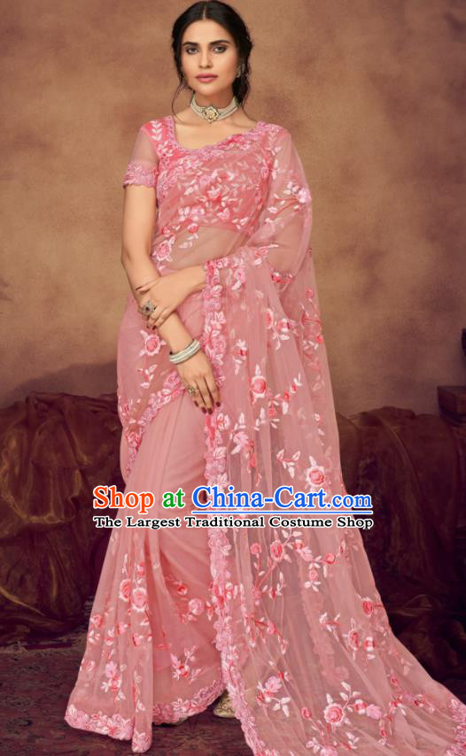 Indian Traditional Court Bollywood Embroidered Pink Veil Sari Dress Asian India National Festival Costumes for Women