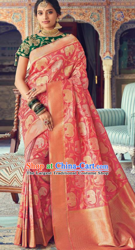 Indian Traditional Festival Pink Silk Sari Dress Asian India National Court Bollywood Costumes for Women