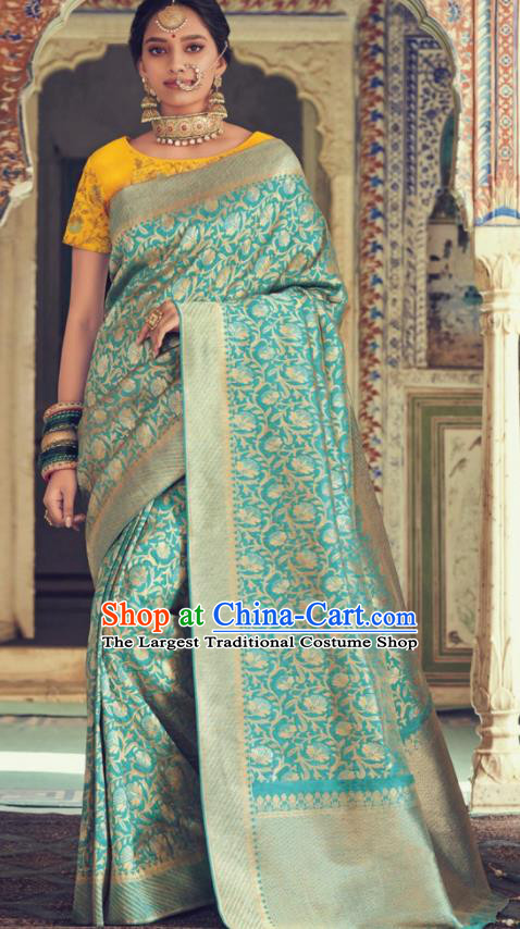 Indian Traditional Festival Light Blue Silk Sari Dress Asian India National Court Bollywood Costumes for Women