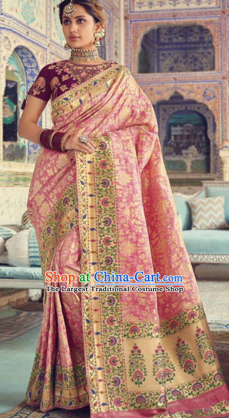 Indian Traditional Festival Peach Pink Silk Sari Dress Asian India National Court Bollywood Costumes for Women