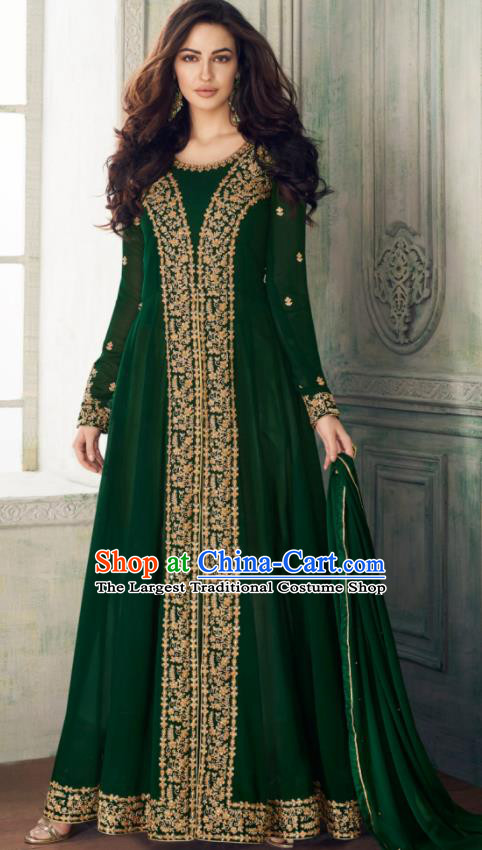 Indian Traditional Festival Embroidered Deep Green Anarkali Dress Asian India National Court Bollywood Costumes for Women