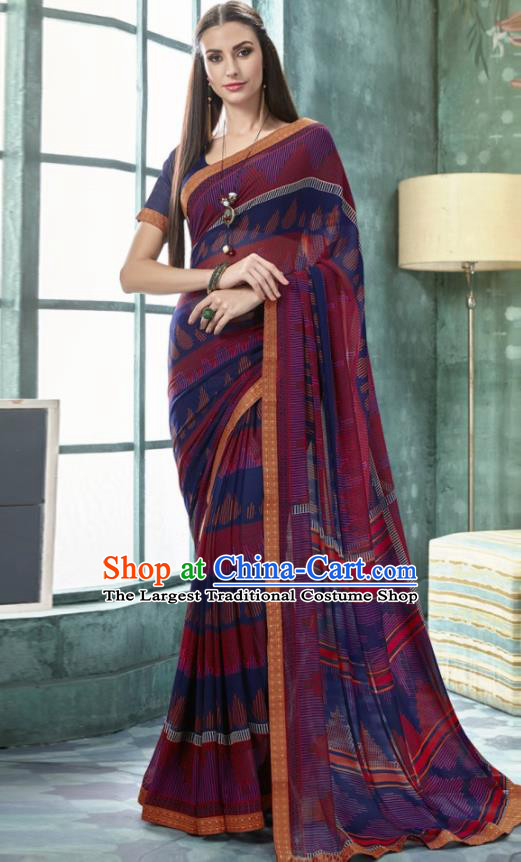 Indian Traditional Bollywood Printing Sari Purple Dress Asian India National Festival Costumes for Women