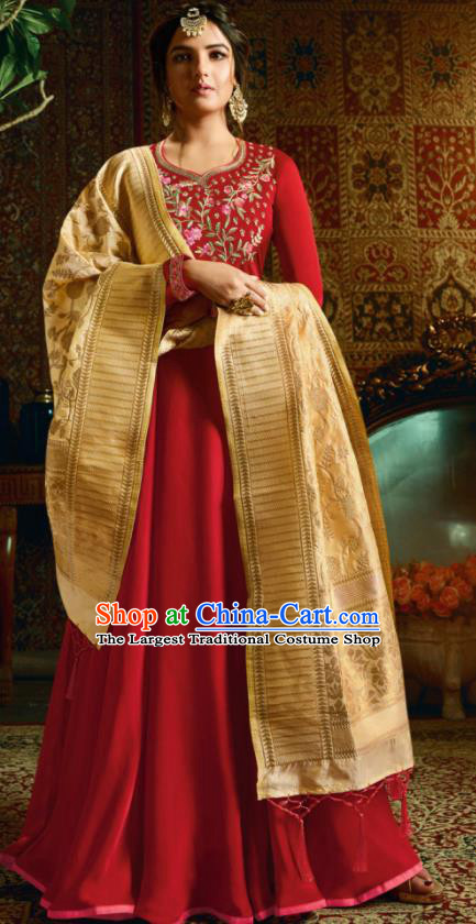 Indian Traditional Festival Red Satin Anarkali Dress Asian India National Court Bollywood Costumes for Women