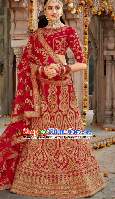 Indian Traditional Lehenga Court Wedding Bride Red Embroidered Dress Asian India National Bollywood Costumes for Women