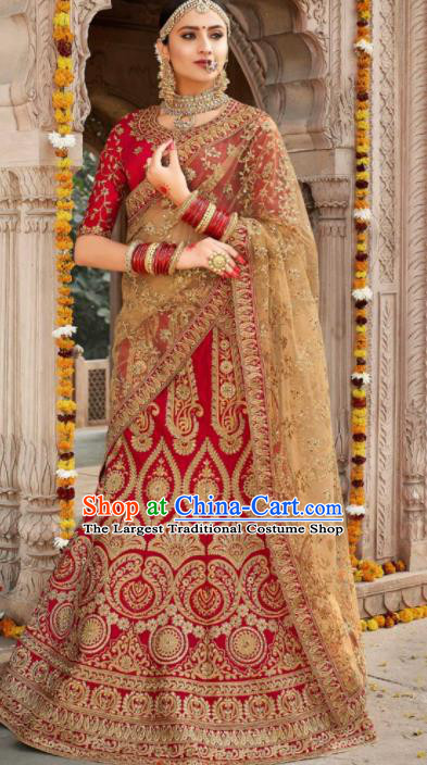 Traditional Indian Wedding Bride Lehenga Court Red Embroidered Dress Asian India National Bollywood Costumes for Women