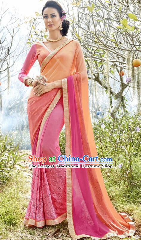 Traditional Indian Embroidered Orange and Pink Georgette Sari Dress Asian India National Bollywood Costumes for Women