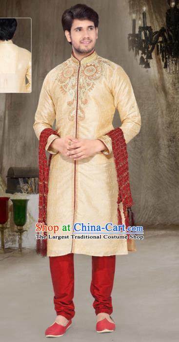 Asian Indian Sherwani Embroidered Apricot Clothing India Traditional Wedding Bridegroom Costumes Complete Set for Men