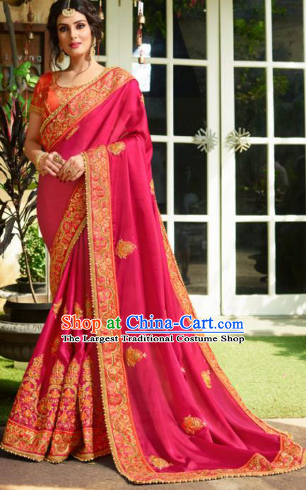 Traditional Indian Court Bride Embroidered Rosy Sari Dress Asian India National Bollywood Costumes for Women