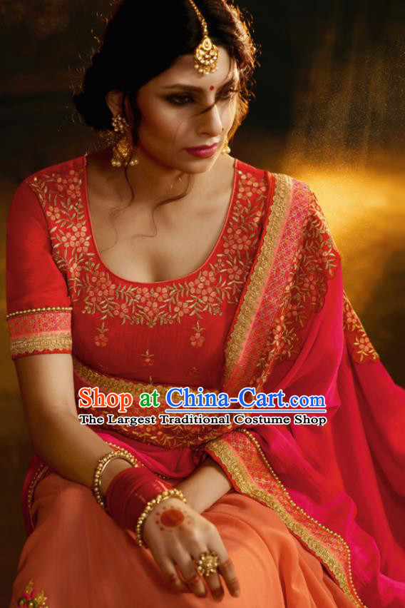 Traditional Indian Court Queen Embroidered Rosy Georgette Sari Dress Asian India National Bollywood Costumes for Women