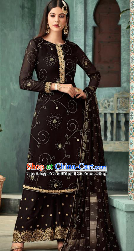 Traditional Indian Punjab Lehenga Embroidered Black Georgette Blouse and Pants Asian India National Costumes for Women