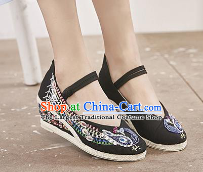 Chinese National Embroidered Phoenix Black High Heels Shoes Traditional Hanfu Shoes Opera Shoes Wedding Bride Shoes for Women