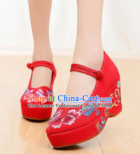 Chinese National Embroidered Red High Heels Shoes Traditional Hanfu Shoes Opera Shoes Wedding Bride Shoes for Women