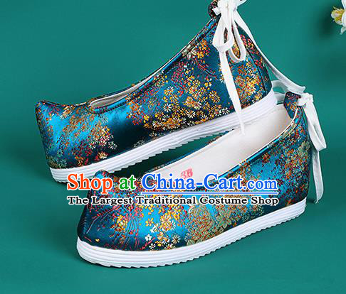 Chinese National Blue Brocade Shoes Traditional Hanfu Shoes Princess Shoes Opera Shoes for Women