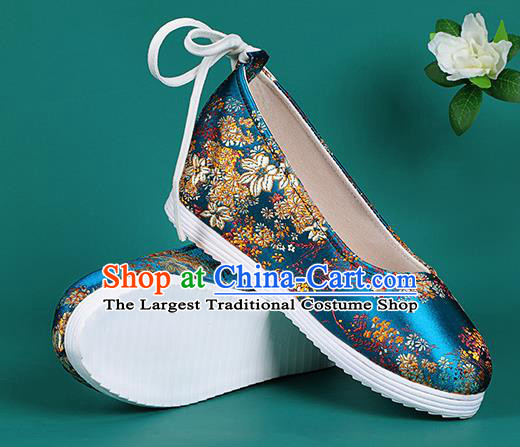 Chinese National Blue Brocade Round Toe Shoes Traditional Hanfu Shoes Princess Shoes Opera Shoes for Women