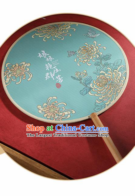 Chinese Traditional Printing Chrysanthemum Green Round Fans Hanfu Silk Palace Fan for Women