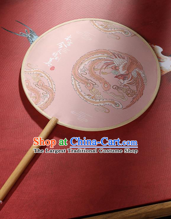 Chinese Traditional Printing Phoenix Pink Round Fans Hanfu Silk Palace Fan for Women