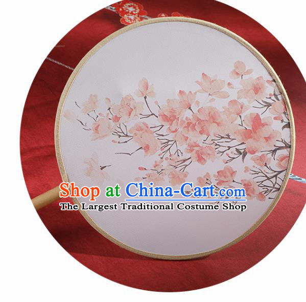 Chinese Traditional Printing Peach Flowers Round Fans Hanfu Silk Palace Fan for Women