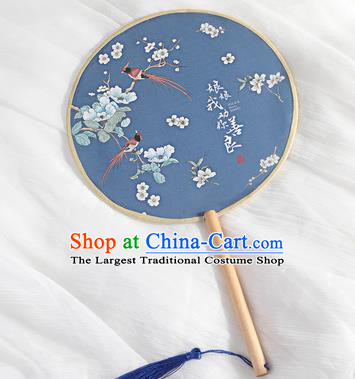 Chinese Traditional Printing Plum Blossom Blue Round Fans Hanfu Silk Palace Fan for Women
