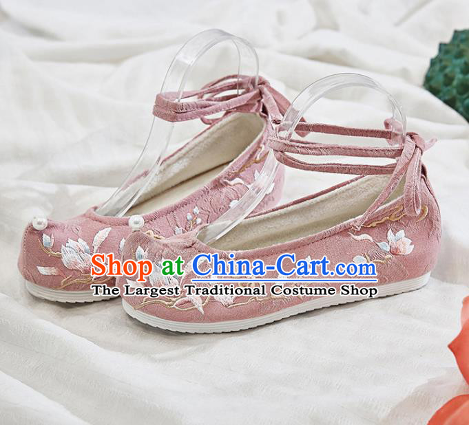Traditional Chinese National Winter Shoes Embroidered Magnolia Pink Shoes Hanfu Shoes for Women