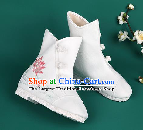 Chinese Traditional Winter Embroidered Lotus White Boots Hanfu Shoes Cloth Boots for Women