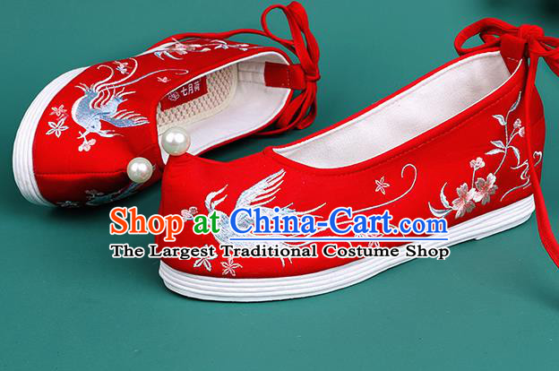 Chinese Traditional Embroidered Swallow Red Shoes Hanfu Pearl Shoes Princess Shoes for Women