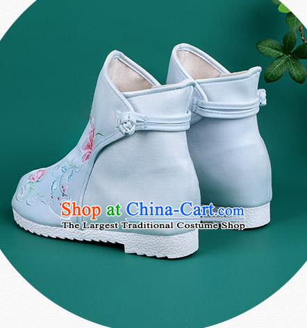 Handmade Chinese Light Blue Cloth Boots Traditional Embroidered Boots Hanfu Shoes for Women