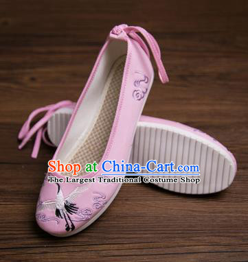 Traditional Chinese Handmade Hanfu Shoes Embroidered Crane Pink Shoes Cloth Shoes for Women