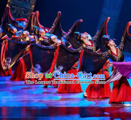 Guan Gong Chinese Classical Dance Black Dress Stage Performance Dance Costume and Headpiece for Women