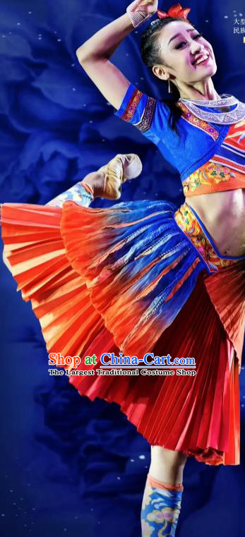 Menogga Garden Chinese Zhuang Nationality Dance Blue Dress Stage Performance Dance Costume and Headpiece for Women