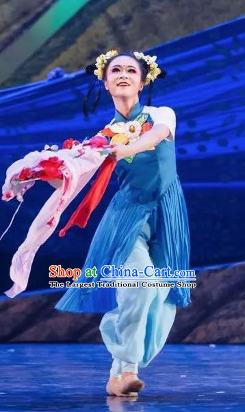 Goddess of the Moon Chinese Classical Dance Blue Dress Stage Performance Dance Costume and Headpiece for Women